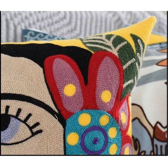 Embroidered Frida Flower and Parrot Throw Pillow Cover Frida Kahlo Self … - Picture 3 of 5
